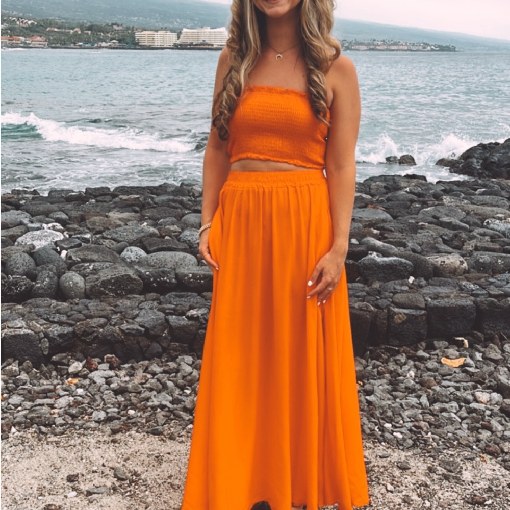 Orange A-Line Tube Top and Maxi Skirt for Resort Wear